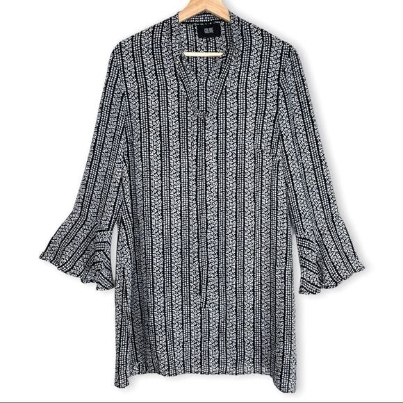 ASOS Goldie Janey Striped Leaf Printed Shift Dress With Bell Sleeves & Neck Tie - Picture 2 of 12